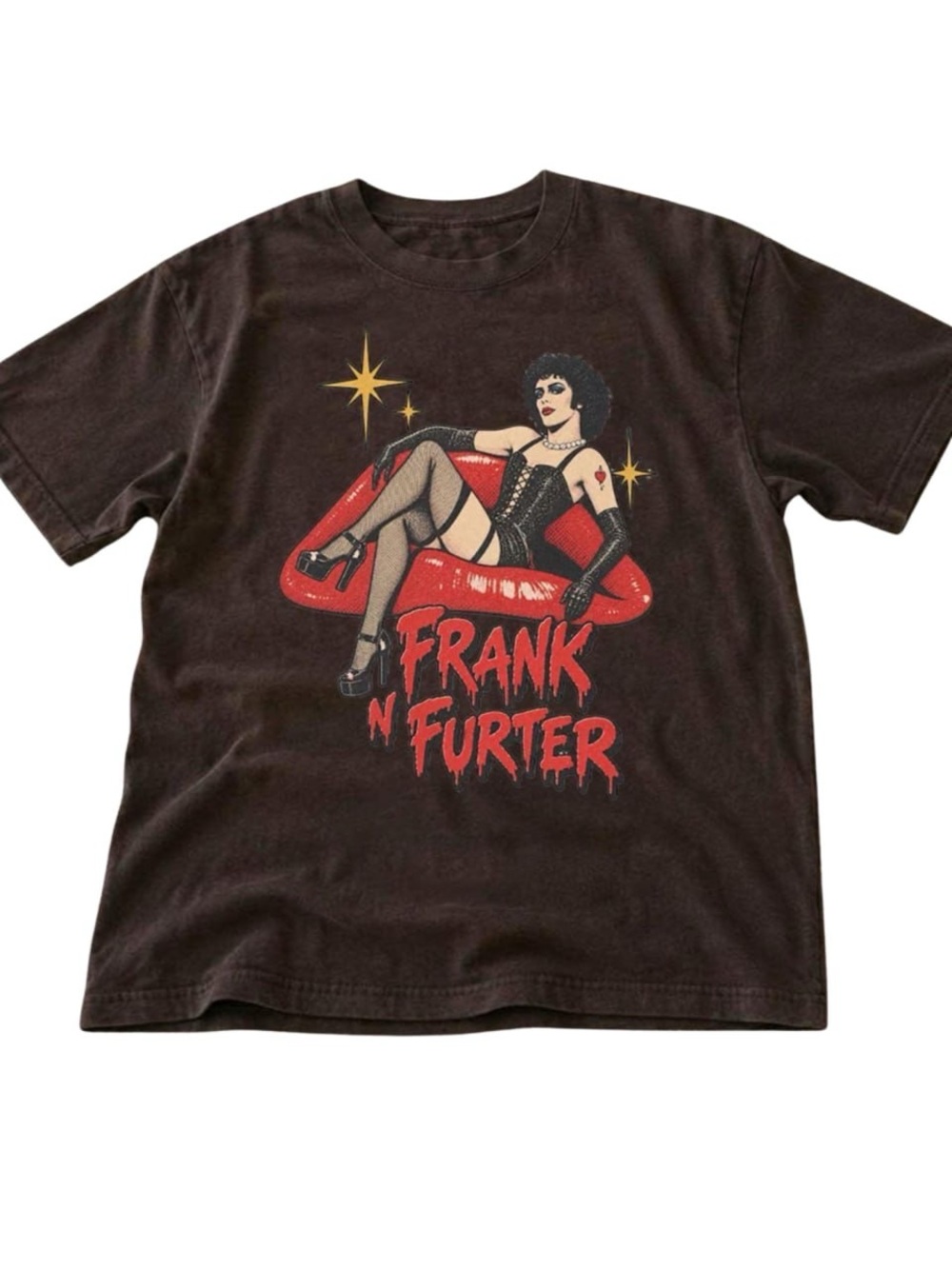 Gildan Brown Tim Curry Short Sleeve Tee with Red and Gold Retro Graphic